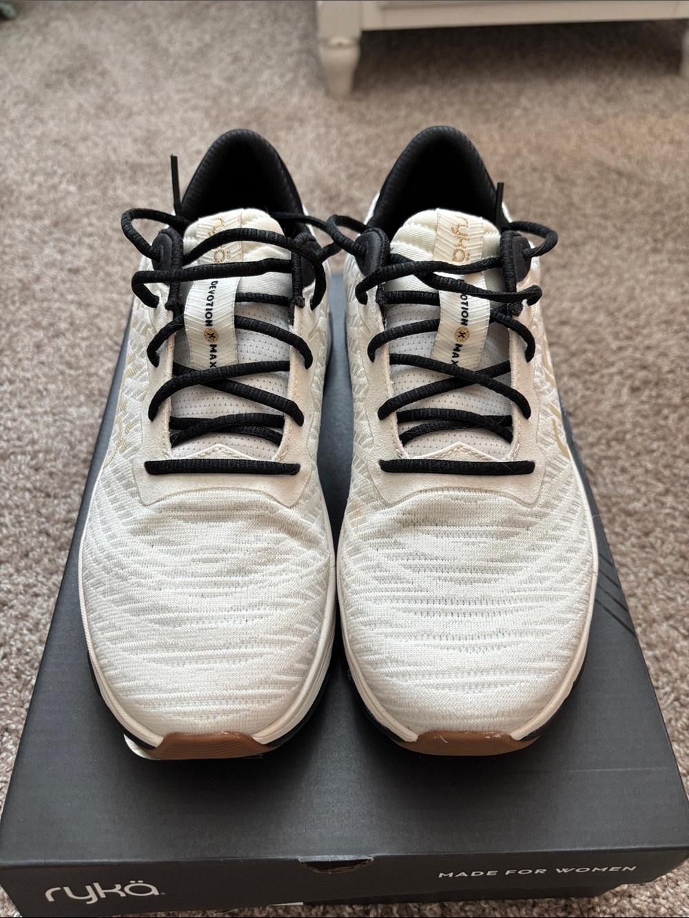 Ryka Women’s White Sneakers with Black Laces and Tan Accents